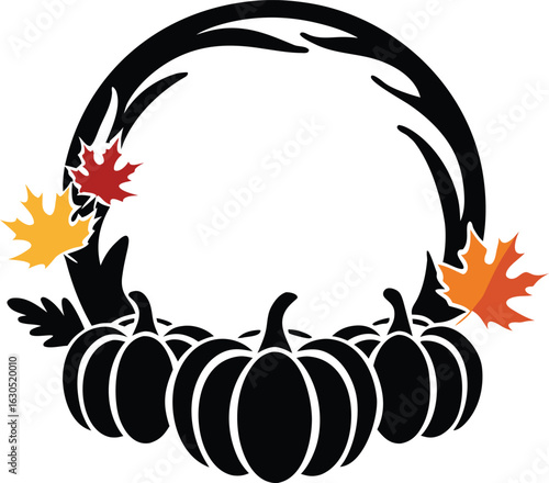 Autumn Arch Frame with Pumpkins and Colorful Maple Leaves