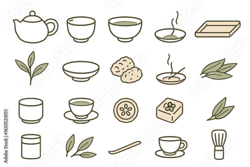 Unique tea elements arranged on a white background showcasing tea preparation and enjoyment from leaves to cups