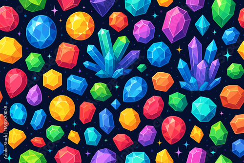 Colorful array of geometric crystals and gemstones in vibrant hues against a dark background