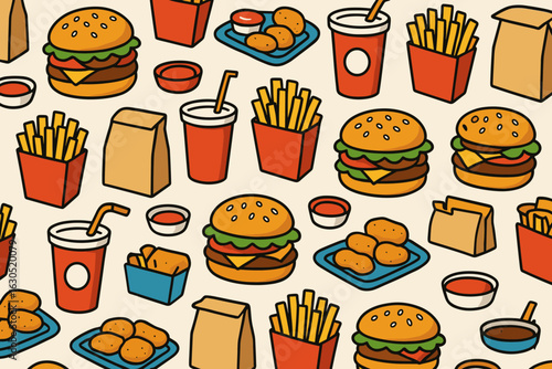 Fun and colorful fast food pattern featuring burgers, fries, and drinks on a light background