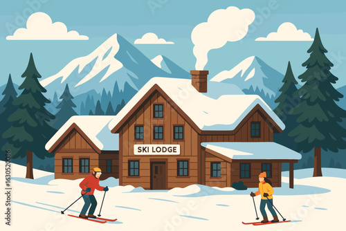 Winter sports enthusiasts skiing near a cozy lodge in a snowy mountain landscape during daylight