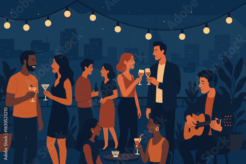 Evening gathering on a rooftop with music and drinks among friends in a city skyline setting