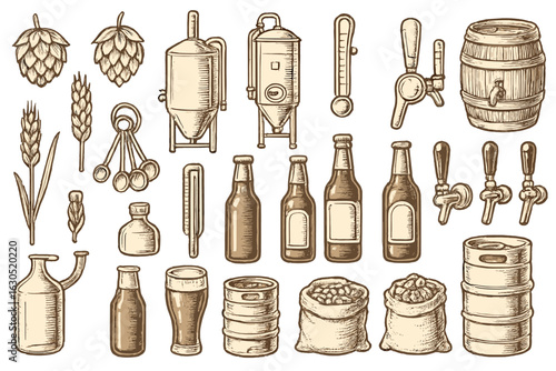 Vintage brewing and beer making equipment displayed on a textured background showing various tools and ingredients for craft beer production