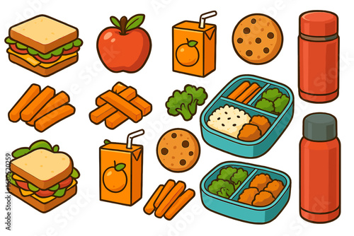 Cute Hand-Drawn School Lunch Icons Set Featuring Bento Boxes, Sandwiches, Snacks, Fruits, Juice Boxes, and Thermoses on Brown Gradient Background