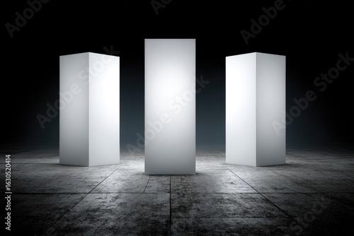 Three blank white rectangular pillars on a dark concrete floor
