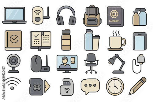 Essential remote work and travel icon set featuring laptops, passports, water bottles, coffee cups, and office equipment