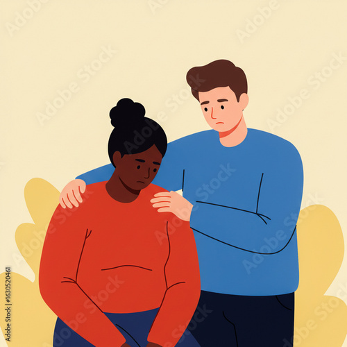 Vector illustration of supportive moment between diverse young adults  