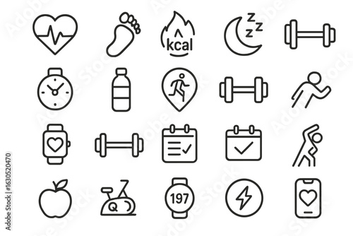 Minimal fitness and wellness icon set with symbols for heart rate, sleep, workout, hydration, and tracking on dark background