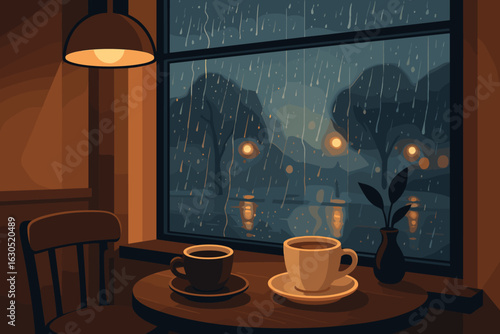 Cozy cafe scene with two cups of coffee by a rainy window at night – warm indoor ambiance with moody reflections and soft lighting