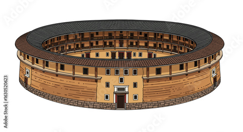 An illustration of a traditional, circular, fortified building with multiple levels and a central courtyard.