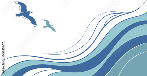 Two stylized seagulls flying over abstract blue and teal ocean waves on a white background bird