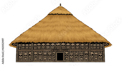 Traditional African hut adorned with numerous skulls, showcasing cultural significance.