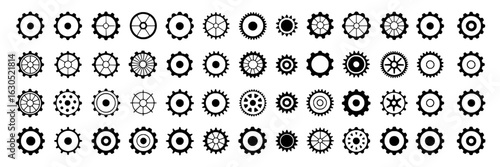 Vector set of mechanical gears, cogwheels, and sprockets in black and white. Collection of circular gear icons, symbols with various spoke and teeth designs. Illustration of machine parts, engineering