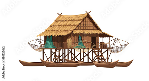 A detailed illustration of a stilt house with boats, fishing nets, and a thatched roof.
