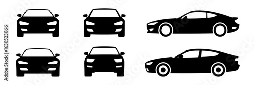 Car icon collection: Front and side view silhouettes. Black and white vector graphic set featuring various automobile models, sedans and coupes. Simple, flat design elements for transportation, automo