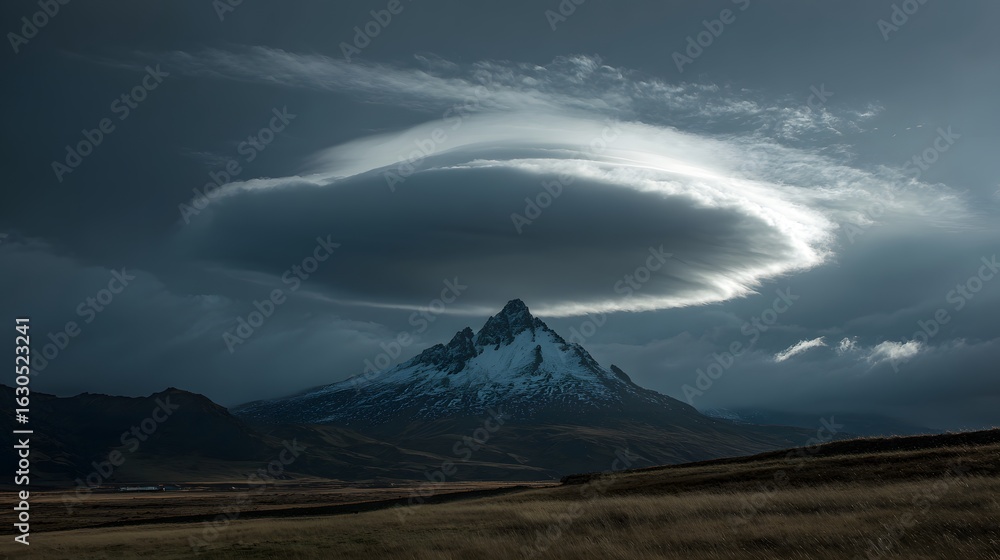 Fototapeta premium Snowy mountain peak under unusual cloud formation; landscape, weather & travel use