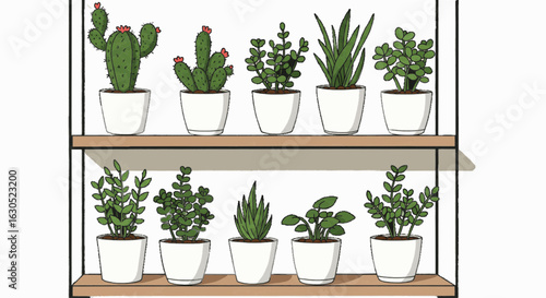 Vector of indoor plant shelf with multiple small pots.