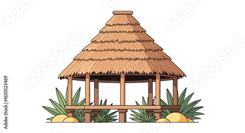 Illustration of a thatched hut with wooden posts, elevated on a platform, surrounded by greenery and rocks.