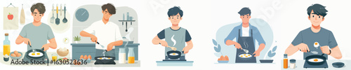 vector character of young man frying eggs