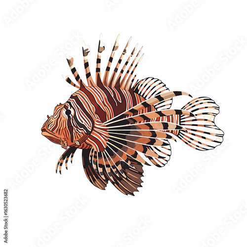 Illustration of a lionfish with brown and white stripes, showcasing its distinctive fins and spiky dorsal spines.