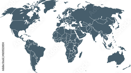 World map with country borders in dark blue on white background earth globe
