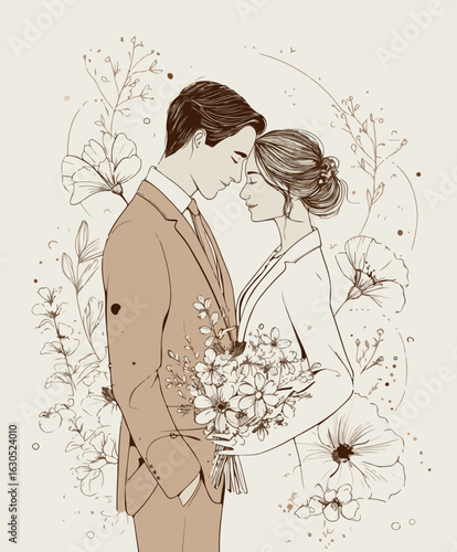 Elegant Line Art Bridal Couple Wedding Illustration