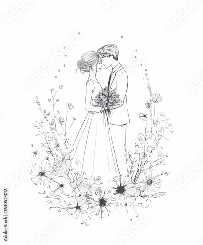 Elegant Line Art Bridal Couple Wedding Illustration
