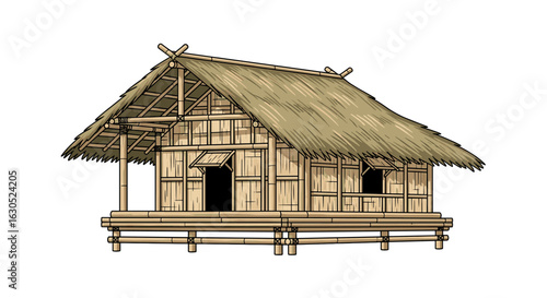 Traditional bamboo hut with thatched roof, elevated on stilts, showcasing simple rural architecture.