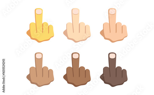 Six hands with different skin tones displaying the middle finger gesture on a white background