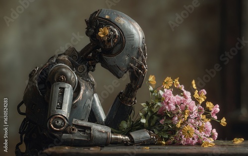  A melancholic humanoid robot with flowers growing out of its head sits on the floor, holding its knees to its chest and crying in an empty room. 