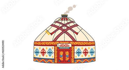 Colorful illustration of a traditional yurt, featuring intricate patterns and decorative elements.