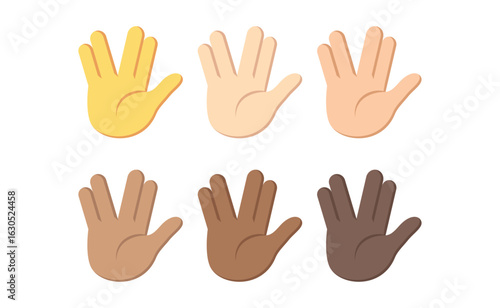 Six hands in vulcan salute pose with varying skin tones arranged in two rows on a white background