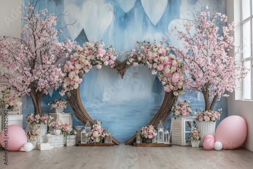Heart-shaped floral arch, soft pink & blue decor