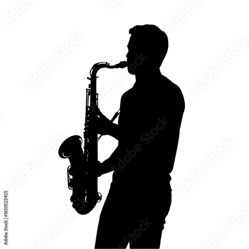 Silhouette of a musician playing a saxophone against a white background
