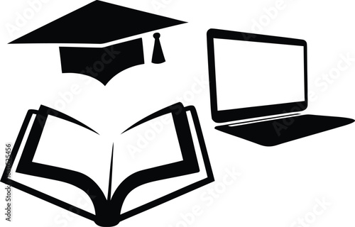 Online Education Learning Icon with Graduation Cap Book and Laptop