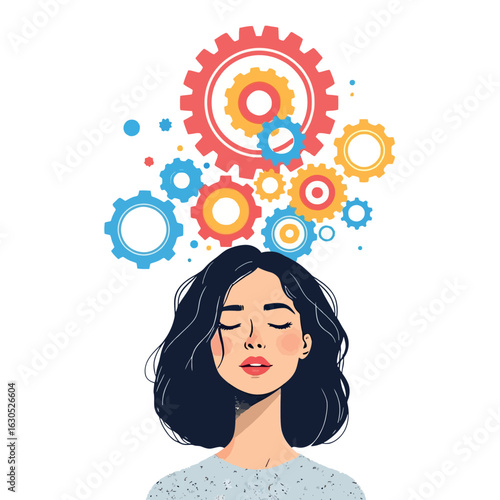 Vsai woman thinking with colorful gears rotating above her head