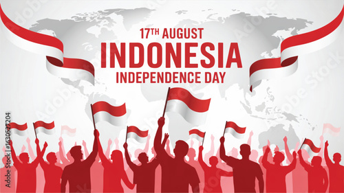 Indonesian Independence Day celebration with patriotic crowd waving red and white flags against world map background, 17th August tribute