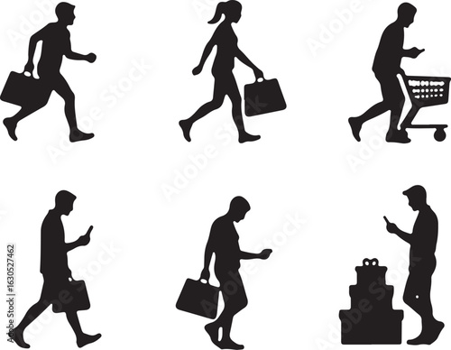 Silhouette shoppers on the go purchasing gifts with phones