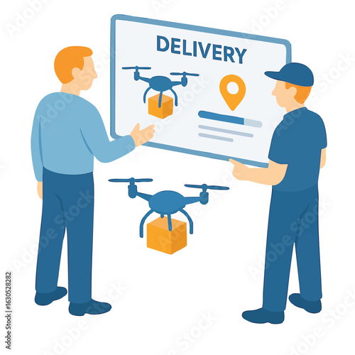 Flat Illustration Delivery Drone Shipping with Man and Monitor Technology