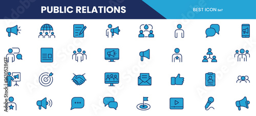 Public Relations Line Icons – Media, Communication, and Branding Symbols