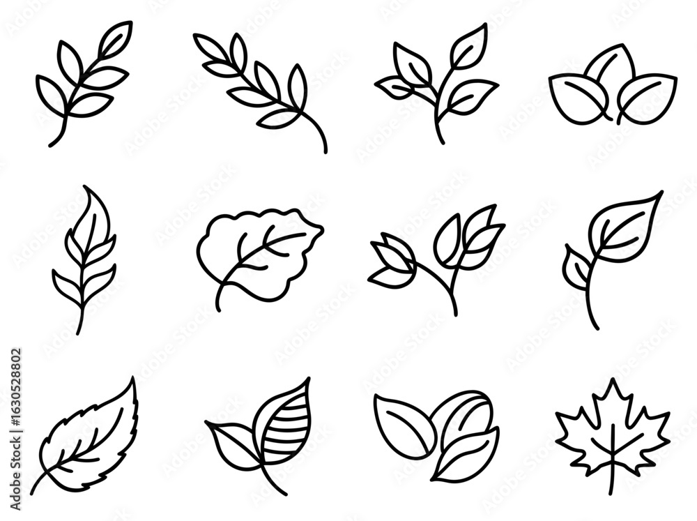 Fototapeta premium Nature and Leaf Outline Icons Set Plant, Tree, and Ecology Symbols