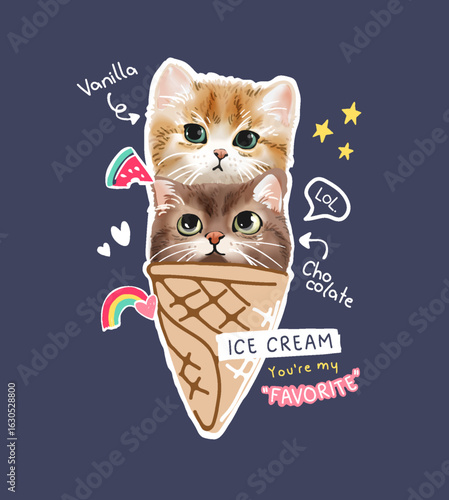 cute kitten in ice cream cone cartoon vector illustration - drawn by hand