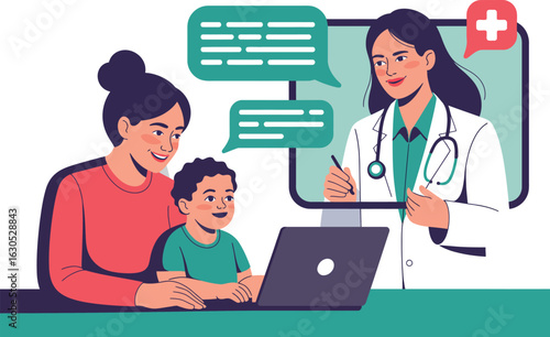 A doctor is having a telemedicine consultation with a mother and child on a laptop