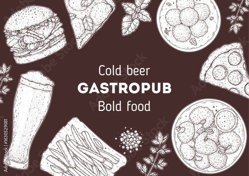 Gastropub menu. Pub food and beer. Hand drawn vector illustration. Food and drink sketch. Top view. Hand drawn food collection for gastropub or pub menu design. Beer,burger, pizza, french fries