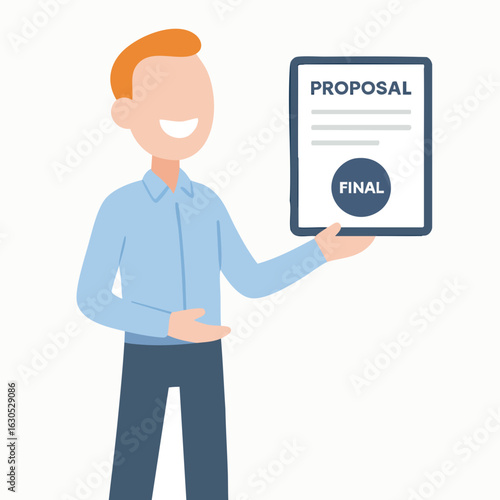 Flat Style Smiling Man Presenting Final Business Proposal Document Illustration