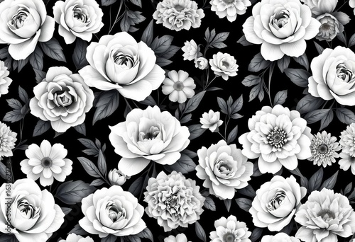 Elegant monochrome floral pattern featuring roses, peonies, hydrangeas, and chrysanthemums in a seamless vector design, flowers, seamless