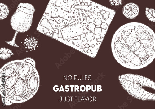 Gastropub menu. Pub food and beer. Hand drawn vector illustration. Food and drink sketch. Top view. Hand drawn food collection for gastropub or pub menu design. Beer and snacks.