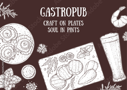 Gastropub menu. Pub food and beer. Hand drawn vector illustration. Food and drink sketch. Top view. Hand drawn food collection for gastropub or pub menu design. Beer and snacks