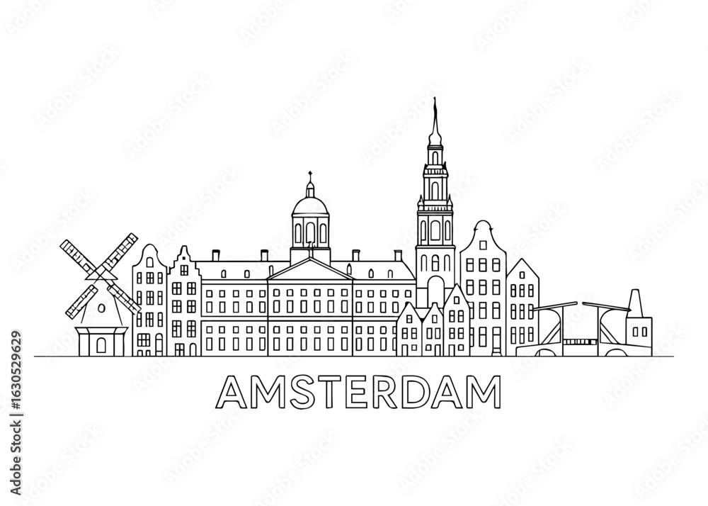 Fototapeta premium Amsterdam city skyline vector on white background Vector line city skyline