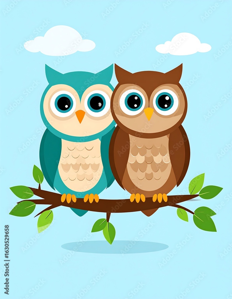 Fototapeta premium Cute owls on branch, light background